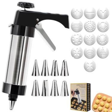 Imagem de Kit de pistola de prensa de biscoito de aço inoxidável – Máquina de biscoito Spritz versátil com 13 discos e 8 pontas de confeitar para biscoitos e sobremesas perfeitos