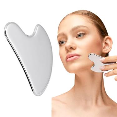 Imagem de Ferramentas faciais Gua Sha de aço inoxidável, massageador Gua Sha para rosto, modelador de mandíbula com bolsa, prata