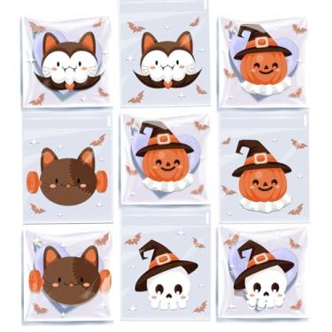 Imagem de 100 sacos de guloseimas de celofane de Halloween - Sacos autoadesivos transparentes para biscoitos, sacos de doces transparentes autovedantes, sacolas de presente de plástico autoadesivas para