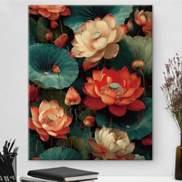 Imagem de Arte de parede em tela de flores de lótus vibrante floral impressão de lótus imagem de pintura estética natural para casa fazenda sala de estar decoração de parede 20 x 25 cm