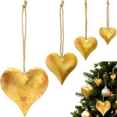 Imagem de Decorações de Natal, conjunto de 4 sinos de Natal para decoração, sinos decorativos de coração de metal, decoração vintage, sino vintage feito à mão com corda de juta para pendurar