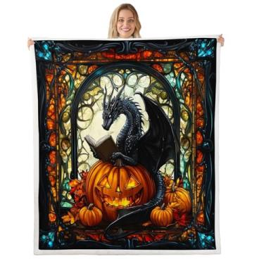 Imagem de Cobertor infantil dragão preto, folha de bordo de abóbora, feliz outono, meninos, lençol de cama, livro, animal ocidental, outono, Halloween, rústico, felpudo, tamanho Queen (224 x 224 cm)