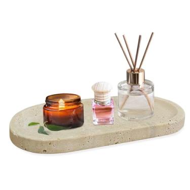 Imagem de Bandeja oval de travertino natural: 30,5 cm x 15,4 cm de pedra bege decorativa para perfume, joias, velas, bugigangas, vasos, chaves