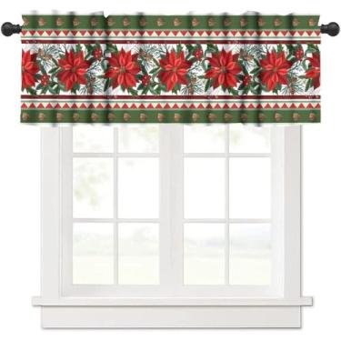 Imagem de Cortina de Natal de inverno, pinheiros, bagas de azevinho, tratamento de janela, sanefa, cortinas curtas, bolso de varão, drapeado para cozinha, sala de jantar, decoração de férias, 137 x 45 cm