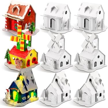 Imagem de Thyle 9 conjuntos faça-você-mesmo conjuntos de vila de Natal decoram kit de artesanato de papelão casa de aldeia de papelão para colorir para crianças decorações de casa de gengibre para festa de Natal de inverno (estilo clássico)