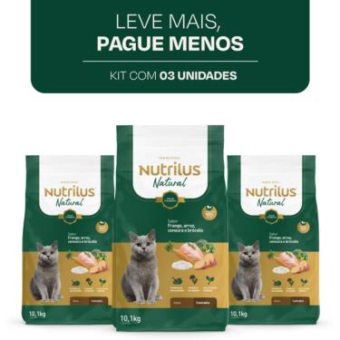 Imagem de Kit Nutrilus Natural Sabor Frango e Arroz para Gatos Adultos Castrados - 30,3 kg (3 Pacotes)