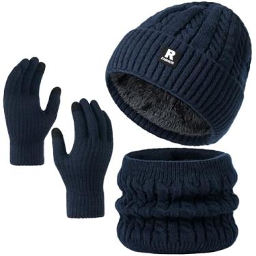 Imagem de Conjunto de luvas de gorro de inverno para homens e mulheres, roupas quentes de inverno para homens, chapéus masculinos forrados com lã despojada, gorro de caveira, cachecol de malha, aquecedor de
