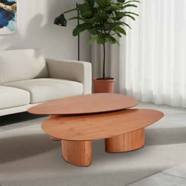 Imagem de Conjunto Com 2 Mesas De Centro Redonda Sala De Estar 120cm Ecos Base Madeira Maciça Mel