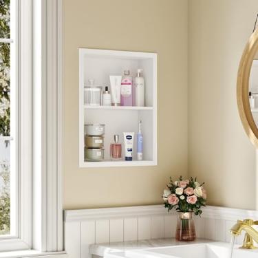 Imagem de Qeke Armário de remédios embutido, armário de remédios sem espelho, nicho de parede de remédios de aço inoxidável 304 com prateleiras duplas, branco fosco