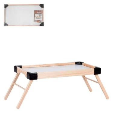 Imagem de Mesa Bandeja Servir Café da Manhã na Cama Madeira Natural Acabamento em Preto Pé Dobrável Portátil Multiuso Ideal para Servir Refeições Leitura Notebook 47 x 26 cm Premium