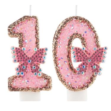 Imagem de Vela rosa de 10º aniversário número 10 velas de glitter de borboleta de diamante decorações de topo de bolo para meninas, mulheres, aniversário, casamento, festa de aniversário