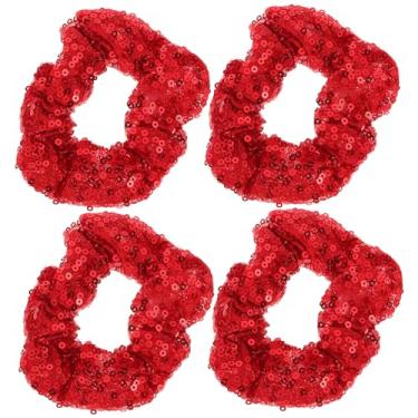 Imagem de 4 anéis de cabelo de lantejoulas para cordas de cabelo brilhantes de Natal, laços de festa de desenho animado, acessórios confortáveis e elegantes para celebrações de Natal e uso diário