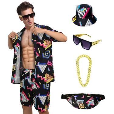 Imagem de PWQMGY Roupa masculina dos anos 80 e 90, conjunto divertido de camisa havaiana e shorts, fantasias de Halloween com acessórios de hip-hop, Preto, M