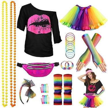 Imagem de WILDPARTY Acessórios de fantasia dos anos 80 para mulheres, camiseta tutu pochete faixa de cabeça brinco colar luvas arrastão polainas, Multicolorido, G