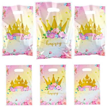Imagem de AEOKJOSI Sacos de doces de coroa e castelo de ouro rosa a granel 16,5 x 25,5 cm - lembrancinhas de festa de princesa, sacolas de presente de casamento real, bolsas encantadas para aniversário de
