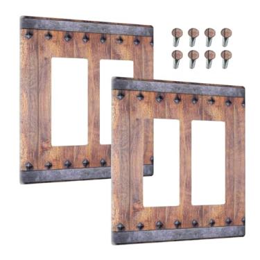 Imagem de Wmhusu Capas de tomada rústicas para porta de celeiro de casa de fazenda vintage de madeira 2 Gang, placa de parede dupla basculante decorativa GFCI receptáculo placa elétrica para decoração de cabine