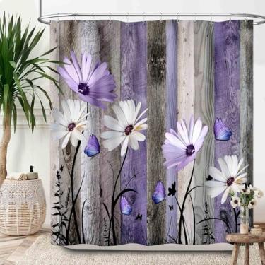 Imagem de Lnepty Cortinas de chuveiro de margarida de fazenda, fundo de prancha rústica retrô, flor roxa, borboleta, decoração de celeiro, tecido de poliéster à prova d'água, cortina de chuveiro com gancho, 182