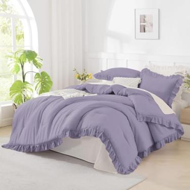 Imagem de Andency Jogo de cama King extragrande, 128 x 120, 3 peças, roxo com babados, chique, conjunto de cama de família para mulheres, leve, fofo, super king size para meninas