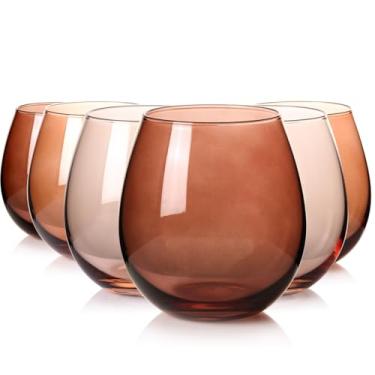 Imagem de ELERGIFTS Conjunto de taças de vinho sem haste marrom sopradas à mão com taças de vinho coloridas de cristal de 174 g, coleção de vidro outono/inverno, conjunto de presentes de Natal para amantes de