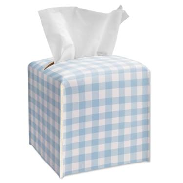 Imagem de Capa de caixa de lenços quadrada - Suporte de caixa de lenços de couro xadrez azul e branco com cinto inferior, suporte de papel facial para bancada de banheiro, mesinhas de cabeceira, mesa de jantar