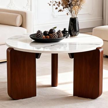 Imagem de Mesa de centro de mármore real, mesa de centro redonda de 60 cm com pernas de madeira maciça, mesas de centro redondas de mármore para sala de estar, design moderno, minimalista e durável, mesa de
