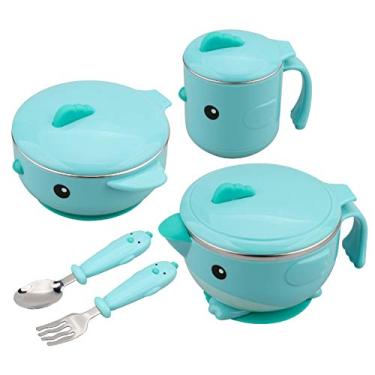 Imagem de Naroote Conjunto de Colher e Tigela para Bebês, Tigela de Armazenamento de Treinamento, de Preservação de Calor Infantil, para Bebês e Crianças Pequenas (Conjunto de cinco peças azul vibrante)