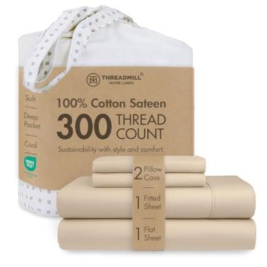 Imagem de Threadmill Jogo de lençol Queen de algodão | 100% algodão para cama queen size | Jogo de cama queen de cetim sólido com bolso profundo de 40,6 cm | Conjunto de lençóis refrescantes de 4 peças macio e