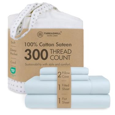 Imagem de Threadmill Lençóis 100% algodão para cama king size | Conjunto de lençóis de cama king size com 4 peças | Macio, respirável e leve de cetim sólido para uso em todas as estações | Lençóis King com