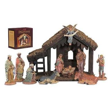 Imagem de Conjunto completo de presépio de 10 peças da Christian Brands. Figuras de 15 cm da vida real com estábulo de madeira de 35,5 cm, decoração de férias interna inclui (Sagrada Família, Três Reis Magos,