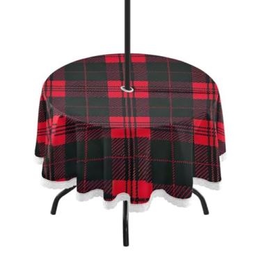Imagem de Blueangle Toalha de mesa redonda xadrez vermelha e preta à prova d'água de 152 cm com orifício para guarda-chuva - Tecido resistente à prova de sol para todos os climas para pátio, acampamento