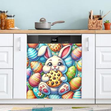 Imagem de ATTX Capa magnética Happy Easter Bunny para lava-louças, 58,4 cm C x 66 cm A, decoração da capa da máquina de lavar louça, decalques para armário doméstico e eletrodomésticos adesivos #186