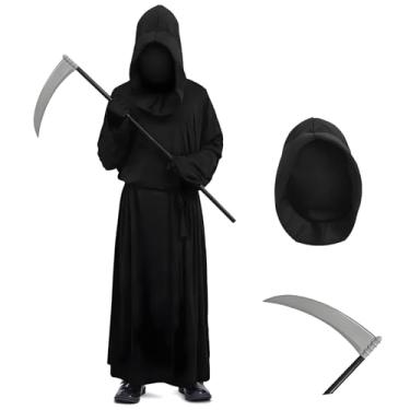 Imagem de TOMYPONY Fantasia de Ceifador de Halloween – Roupão preto com capuz com foice, luvas, cinto – Capa para cosplay de Halloween para homens e mulheres