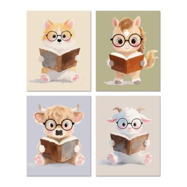 Imagem de heshengzaixian Impressão de arte de parede com leitura de animais de fazenda divertidos, cachorros, cabras, livros, pôster educativo, para creche, sala de estudo, sala de aula, biblioteca pré-escolar