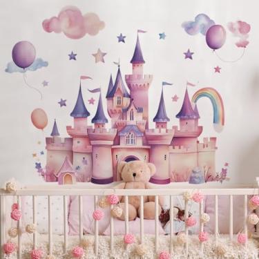 Imagem de Decalques de parede de castelo de princesa, descasque e cole, design de conto de fadas colorido grande com nuvens, borboletas, estrelas para quarto de meninas, berçário, decoração de quarto infantil