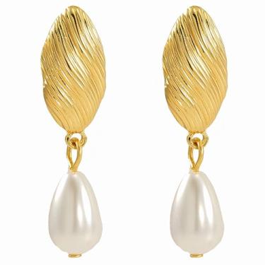 Imagem de Brincos de pérola de ouro para mulheres – Brincos de pérola vintage banhados a ouro 14 quilates na moda joias de casamento presentes, Aço inoxidável, Pérola