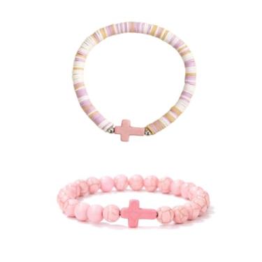 Imagem de XAM 2 peças de pulseiras coloridas feitas à mão com contas de pedra de argila para homens e mulheres, pulseira inspiradora de fé para cristãs, Páscoa, Ação de Graças, Natal, aniversário, joias, Middle