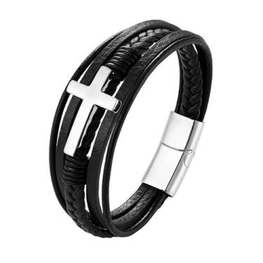 Imagem de Udolfly Pulseiras masculinas de couro trançado, pulseira cruzada multicamadas com fecho e pulseira, joia masculina, 9.0 Inches, Sem Pedra Preciosa