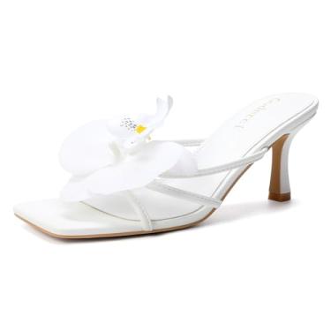 Imagem de Goderci Sandálias femininas de salto alto floral com bico aberto e bico aberto, Branco, 40