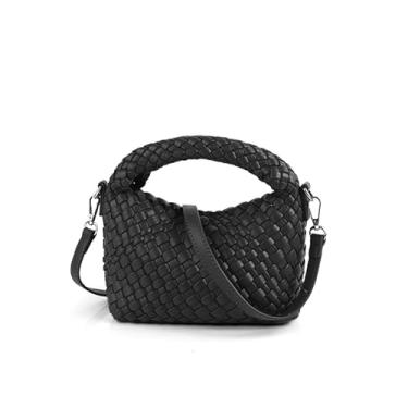 Imagem de Bolsa feminina de tecido pequena, bolsa tiracolo acolchoada de tecelagem, bolsa de ombro quadrada, bolsa de mão de tecido com alça removível, Preto