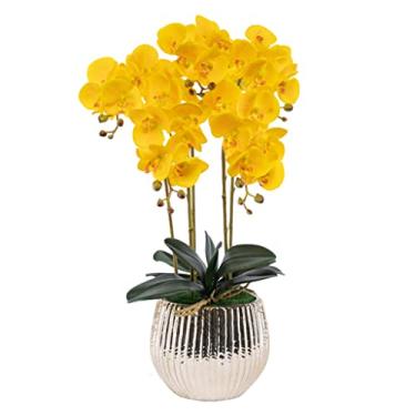 Imagem de LMJYU Flores artificiais para decoração de orquídea falsa seda Phalaenopsis arranjo de flores artificiais orquídeas flores com vaso de cerâmica, mesa de jantar de festa de casamento fluxo artificial