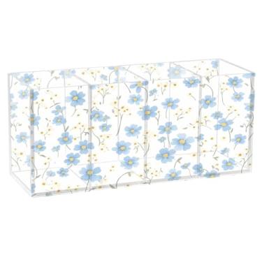 Imagem de CEBUGI Porta-canetas de acrílico com 4 compartimentos, organizador de lápis transparente, porta-pincéis de maquiagem com flor azul pequena para armazenamento em casa e escritório