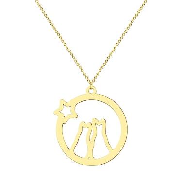 Imagem de JczR.Y Colar minimalista para casais, gatos, lua, estrela, gato, gatinho, colar oco de aço inoxidável, dois gatos, para mulheres amantes de animais, joia de prata e ouro, Aço inoxidável, Sem Pedra