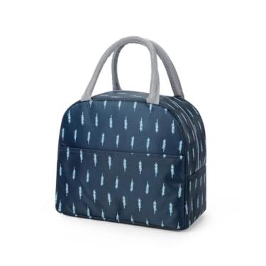 Imagem de Bolsa Térmica para Almoço, Azul Marinho com Estampa de Árvores, Alças Cinza, Compartimento Frontal