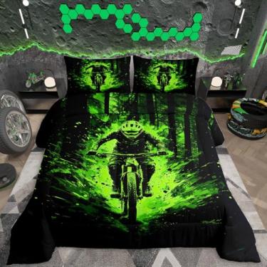 Imagem de Feelyou Conjunto de cama infantil Dirt Bike, tamanho solteiro, motocicleta, motocross, ultramacio, esportes radicais, decoração de quarto, verde