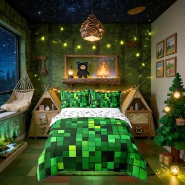 Imagem de Manfei Pixelated Blocks Miners Conjunto de capa de edredom tamanho casal 100% algodão, jogo de videogame gamepad infantil, decoração de quarto de patchwork de grade geométrica, capa de colcha verde, 2