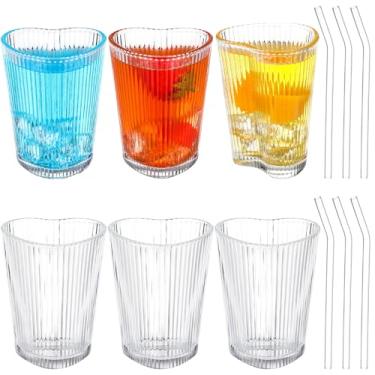 Imagem de Skylety 6 conjuntos de copos de vidro em forma de coração 141.7 g copo de vidro nervurado dia dos namorados com canudo caneca de café de vidro transparente xícaras de chá em forma de coração amor