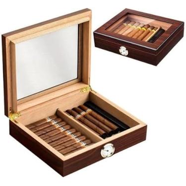 Imagem de Caixa Umidificadora para Charutos com Higrômetro Externo, Madeira, Capacidade 35 Charutos, Formato Quadrado, Controle de Umidade