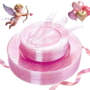 Imagem de WDF Pratos de plástico ouro rosa com talheres de plástico descartáveis, os pratos de plástico rosa com glitter em ouro rosa incluem 40 pratos de jantar, 40 pratos de salada, 40 garfos, 40 facas, 40