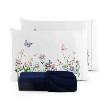 Imagem de Kit Jogo de Lençol Micropercal 400 Fios Ponto Palito Fronha Estampada(Borboleta - Lençol Marinho,Casal Queen 03 Peças)