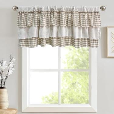 Imagem de Gxi Gingham Kitchen Curtain Check Ruffle Valance Rod Pocket Classic Vintage Bege Farmhouse Cortina curta sanefas de linho para janelas pequenas, 1 painel 39X18